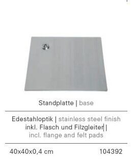 Standplatte Edestahloptik inkl. Flasch und Filzgleiter, 40x40x0,4 cm