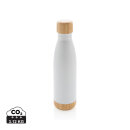 Vakuum Edelstahlfasche mit Deckel und Boden aus Bambus Farbe: weiß