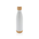 Vakuum Edelstahlfasche mit Deckel und Boden aus Bambus Farbe: weiß
