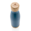 Vakuum Edelstahlfasche mit Deckel und Boden aus Bambus Farbe: blau