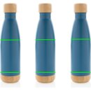 Vakuum Edelstahlfasche mit Deckel und Boden aus Bambus Farbe: blau