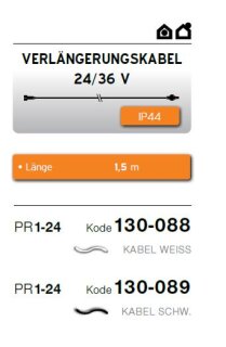 PR1-24: 1.5m Low Voltage Extension cable for 24V/36V products, schwarzes Gummi Kabel    --> Licht