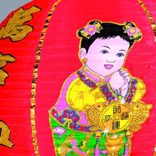 Laterne mit Kindern+chinesischer Schrift, Kunstseide Größe:Ø 60cm Farbe: rot/gold    #
