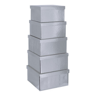 Boxen 5 Stk./Satz, quadratisch, nestend, Pappe     Groesse:20x20x11,5cm - 26x26x13,5cm    Farbe:silber