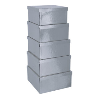 Boxen 5 Stk./Satz, quadratisch, nestend, Pappe Abmessung: 27,5x27,5x14cm - 33,5x33,5x16cm Farbe: silber