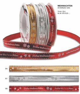 Weihnachten - silbernes Band mit grauer Schrift Frohe Weihnachten 15mm mit Draht/20m Rolle