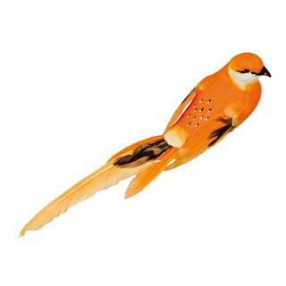 Vogel mit Clip Styrofoam mit Federn     Groesse: 40x7x7cm - Farbe: orange