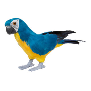 Papagei, stehend Styropor mit Federn     Groesse: 36x13cm    Farbe: blau/gelb